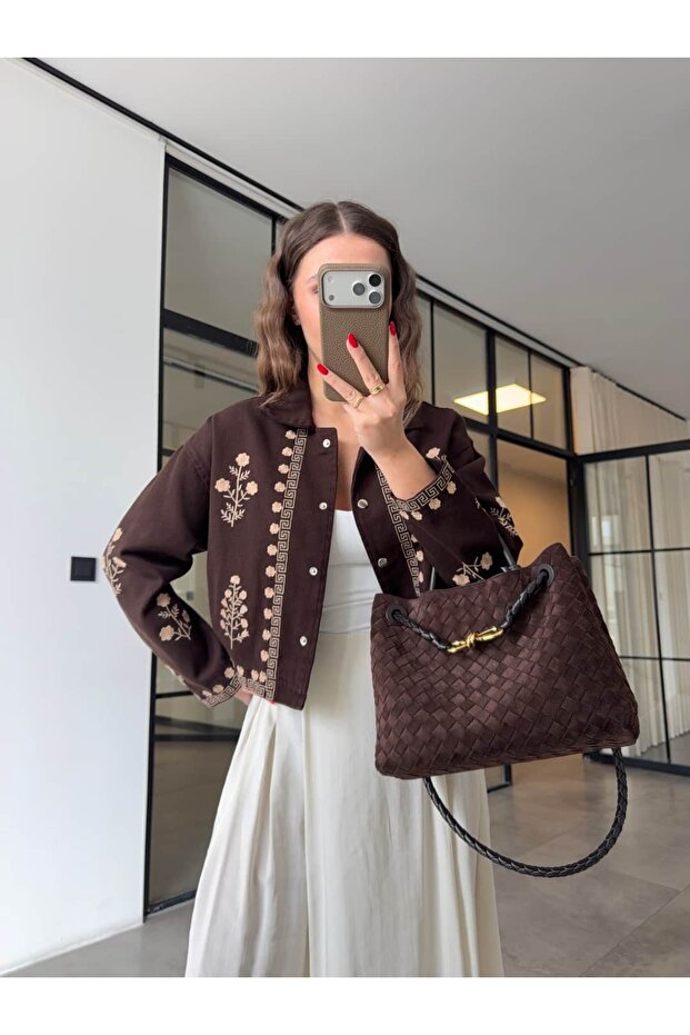 Embroidered Crop Gabardine Jacket Brown