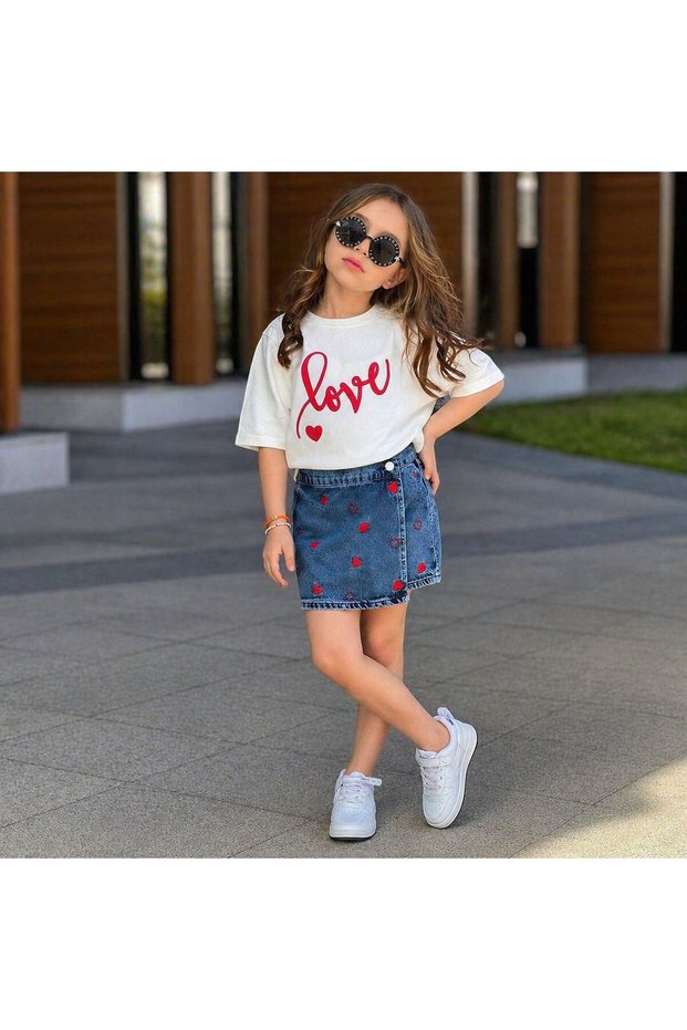 Girl's Love Printed Shorts Skirt Set Stylish Daily Combination