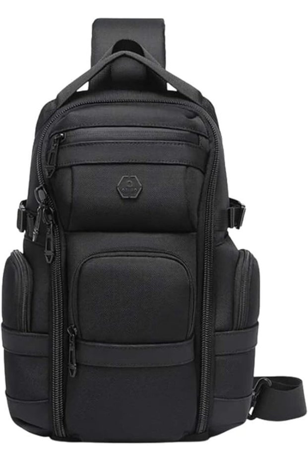 9808 Men’s Water-Resistant Chest Sling Bag, Lightweight Nylon Polyester Crossbody Bag with Multi-Pocket Design, Black