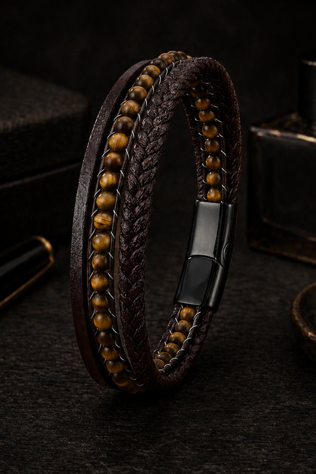 Men's Tiger Eye Stone Leather Bracelet Multi-Layered Brown Weave Design Stylish Bracelet with Steel Clip