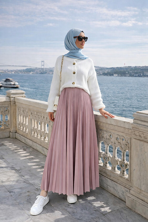Women's Premium Pleated Pink Long Hijab Skirt