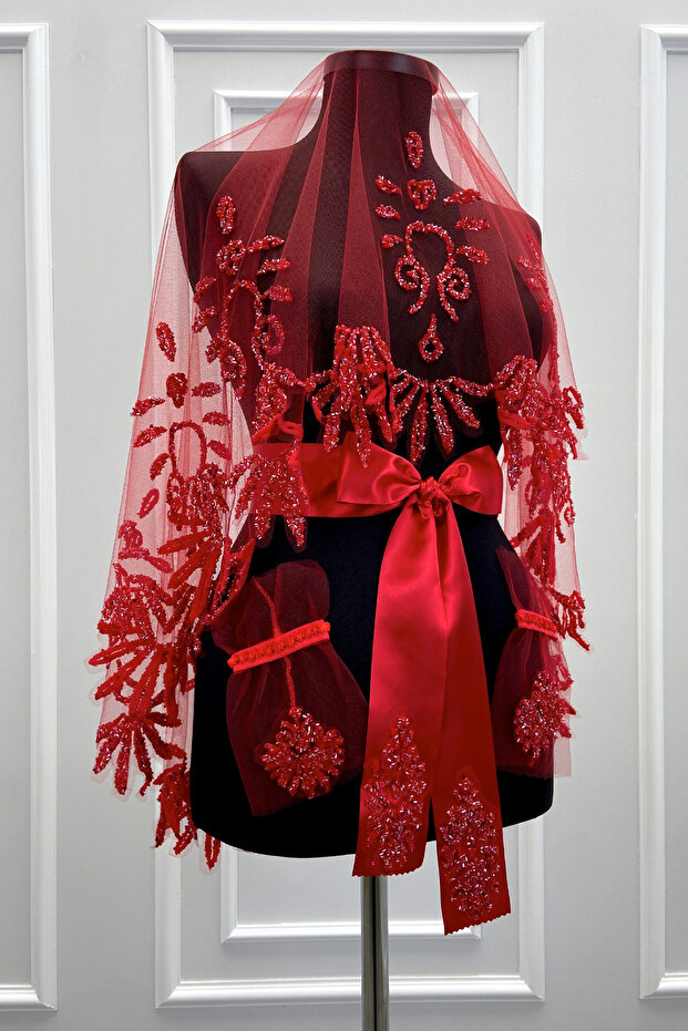 Red Bridal Veil Set, Sparkling Glass Bead Printed, Henna Night Veil Set 6 Pieces