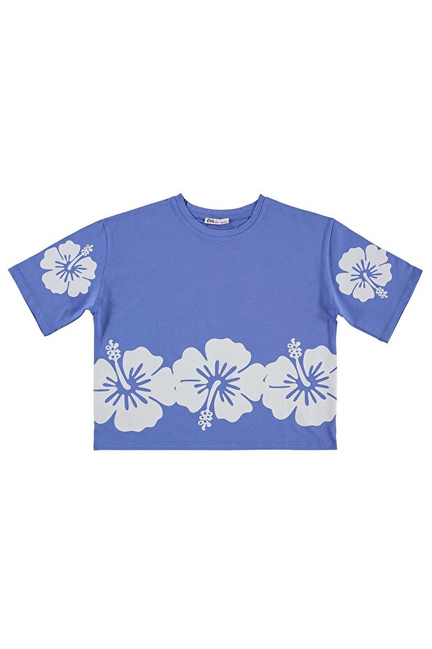 Hibiscus Flower Printed T-Shirt for 10-13 Years Old - Blue