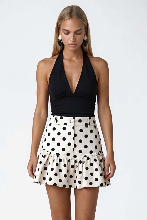 Ecru Polka Dot Patterned Zippered Skirt with Flounces Gabardine Mini Skirt Alc-X15509