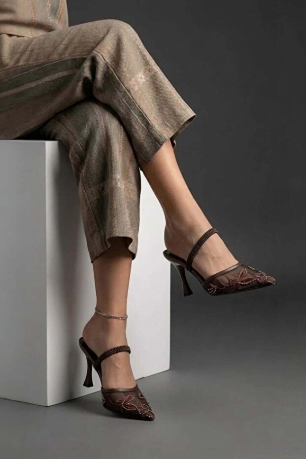 Y752276315 Brown Mesh Beaded Embroidered Thin Heeled Women's Shoes