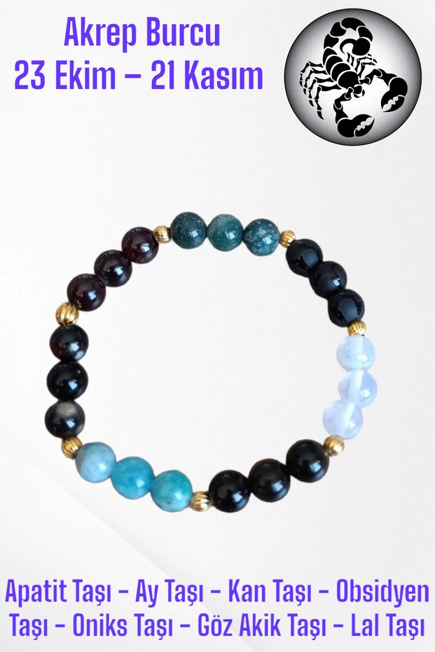 Scorpio zodiac bracelet (apatite stone, moon stone, blood stone, obsidian, onyx stone, carnelian stone, eye agate stone)