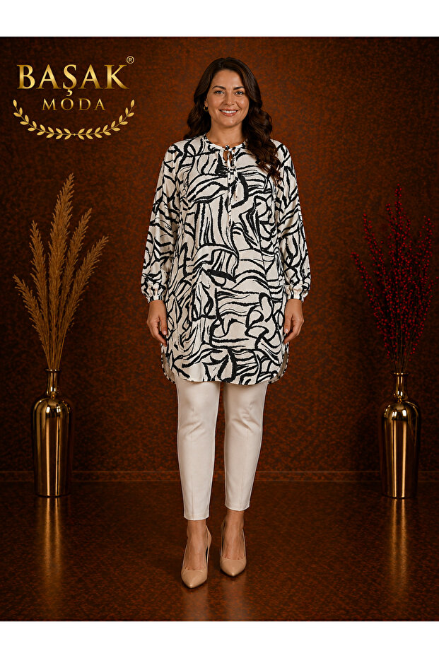 Moda Başak Woven Patterned Tunic Comfortable Cut Plus Size 100% Cotton