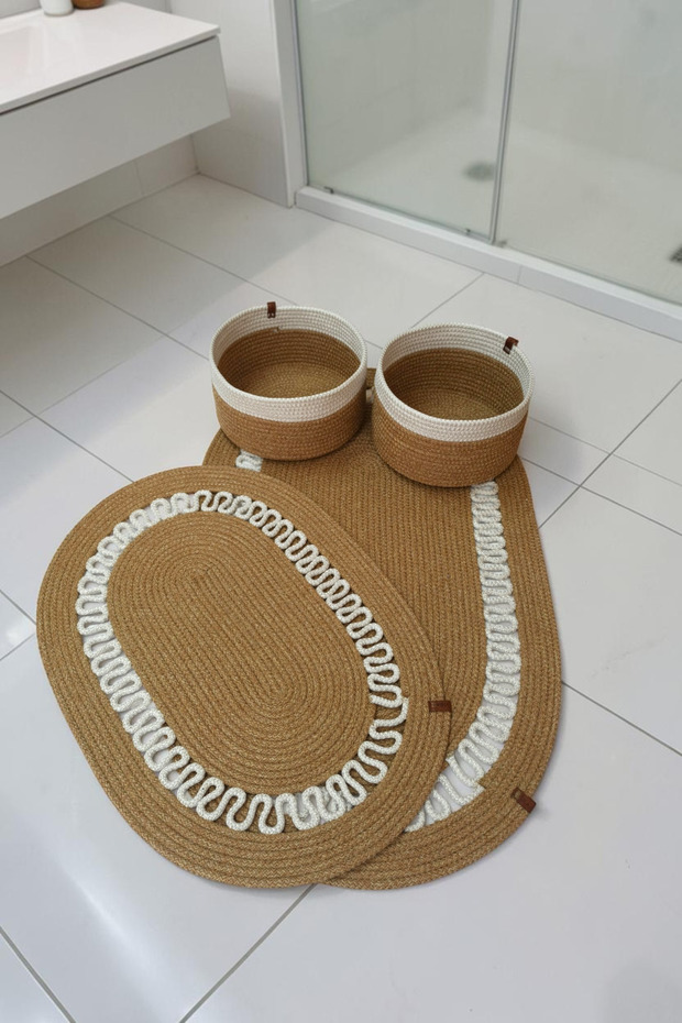 Handmade Decorative Braided Model Bathroom Set 2-Piece Mat 50X80 and 40X60 + 2 Organizer Baskets 18X18 cm