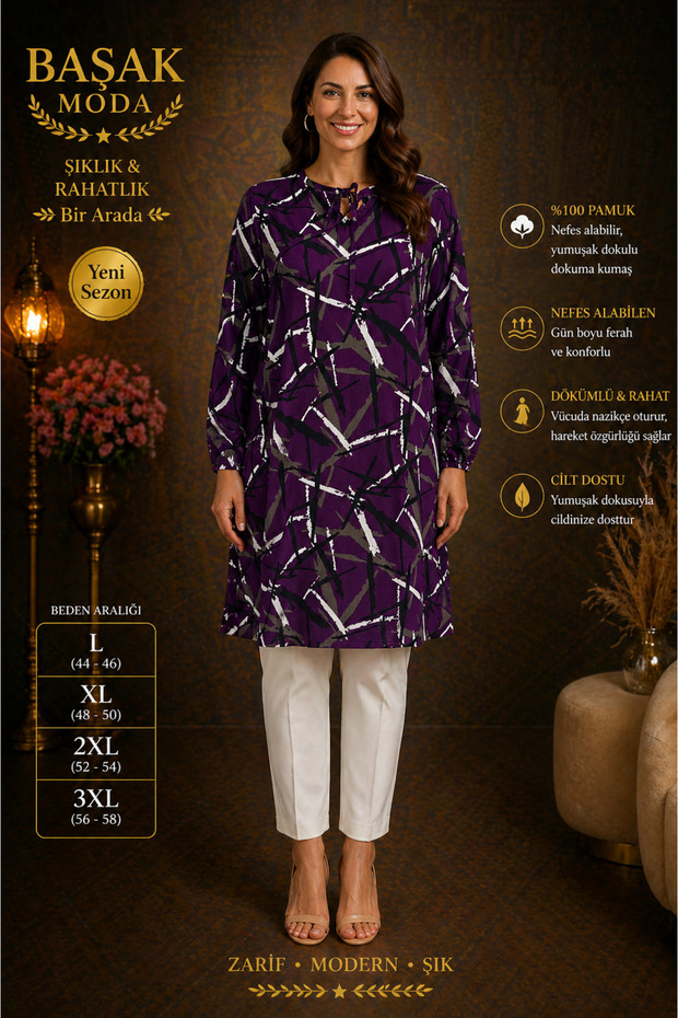 Moda Başak 100% Cotton Woven Patterned Tunic Comfortable Cut Plus Size