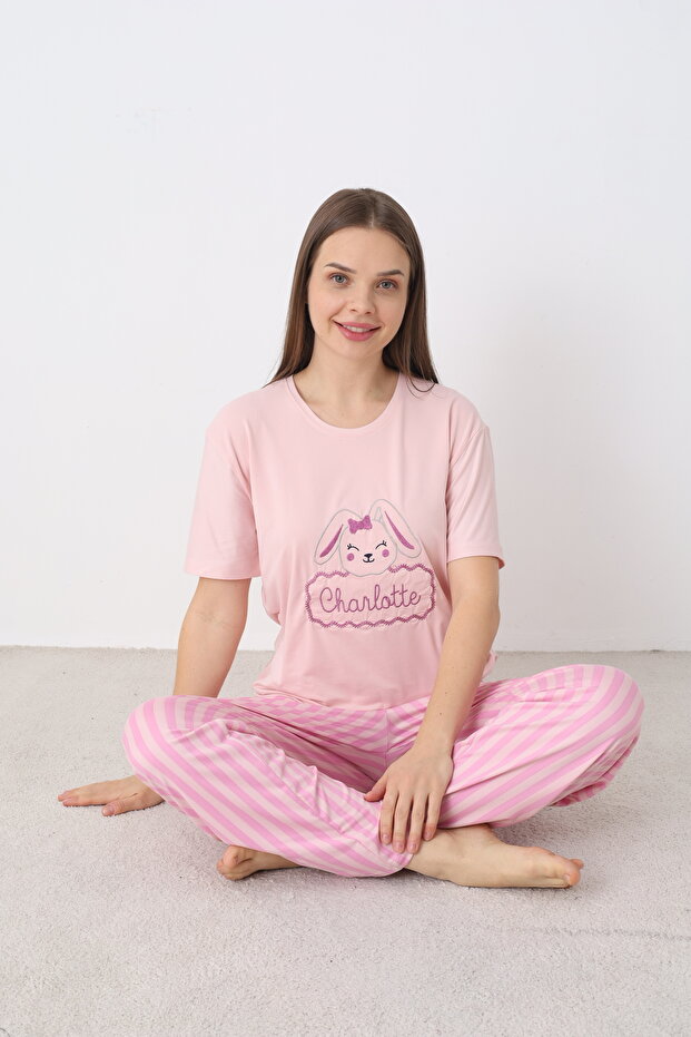 Embroidered Milan Knitted Short Sleeve Women's Pajama Set