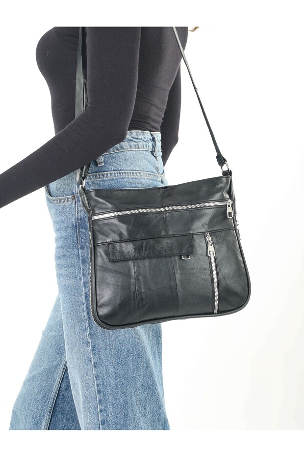 Genuine Leather Women's Black Shoulder Bag Multi-Compartment Zippered Real Leather Messenger Bag