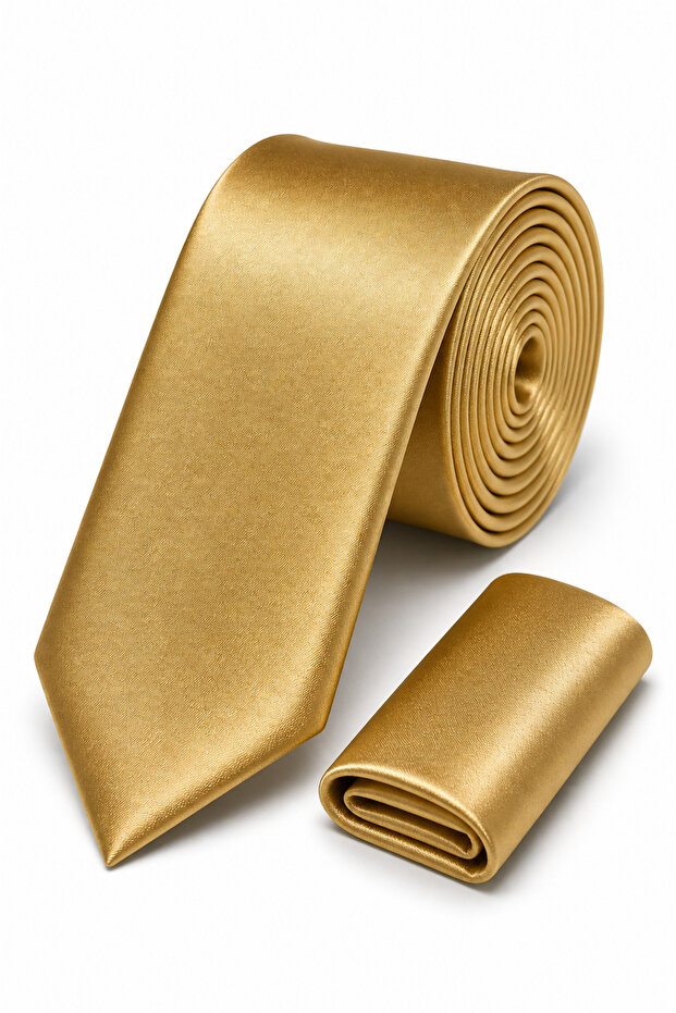 Gold Color Satin Tie & Handkerchief Set