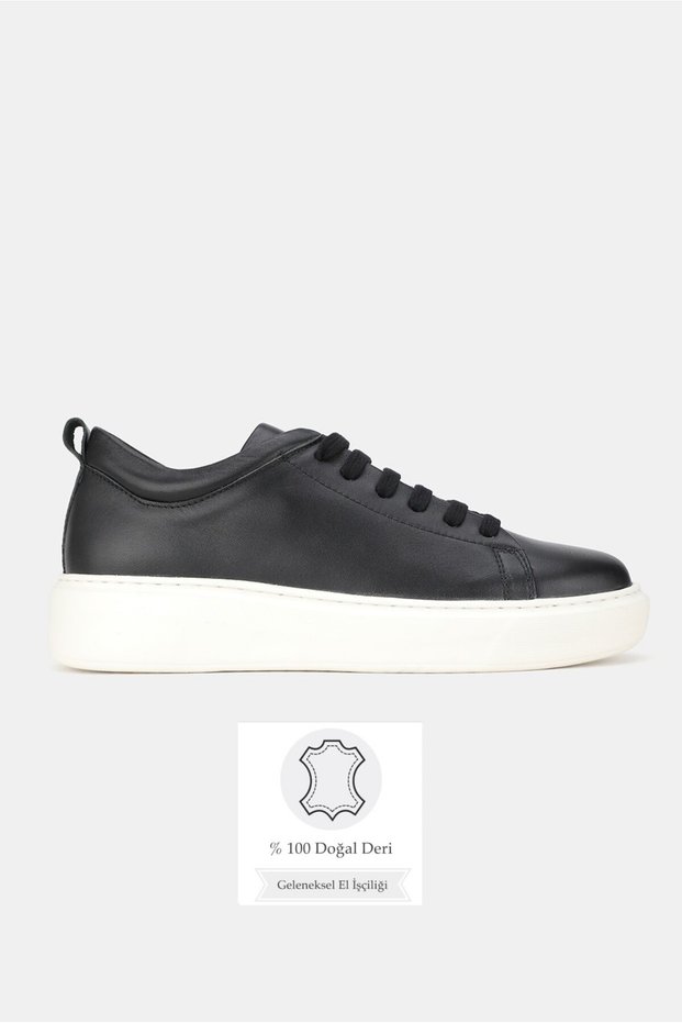 Women's Black Genuine Natural Leather Sneaker Shoes with Eva Sole and Laces, Size 36-41