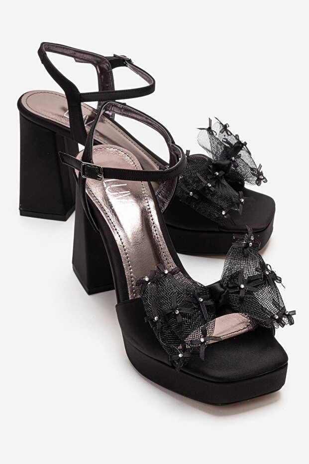 Marisol Black Satin Stone Bow Women's Heeled Shoes