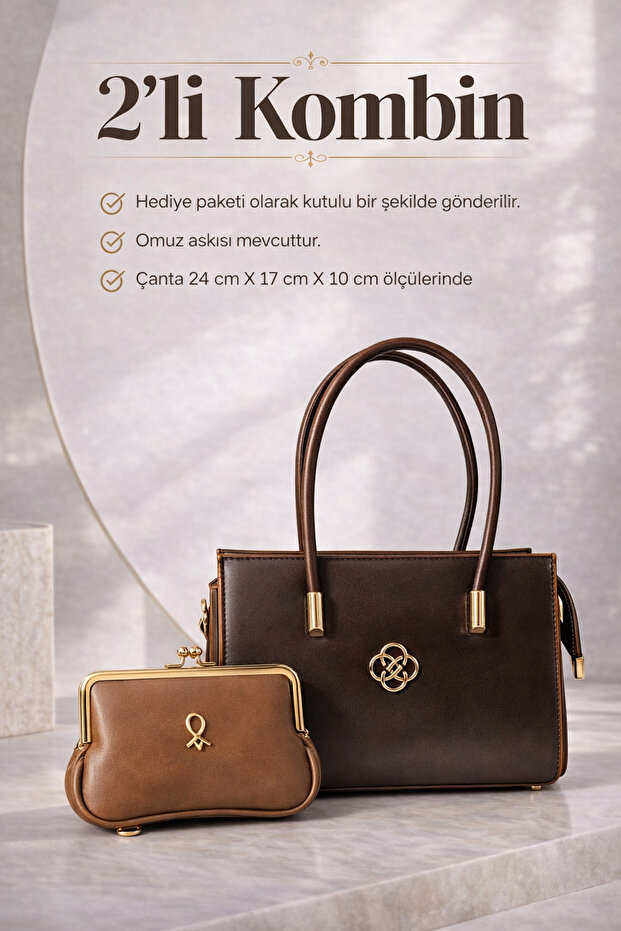 Women's Bitter Brown Handbag with Adjustable Strap Daily Shoulder Bag 2-Piece Combination