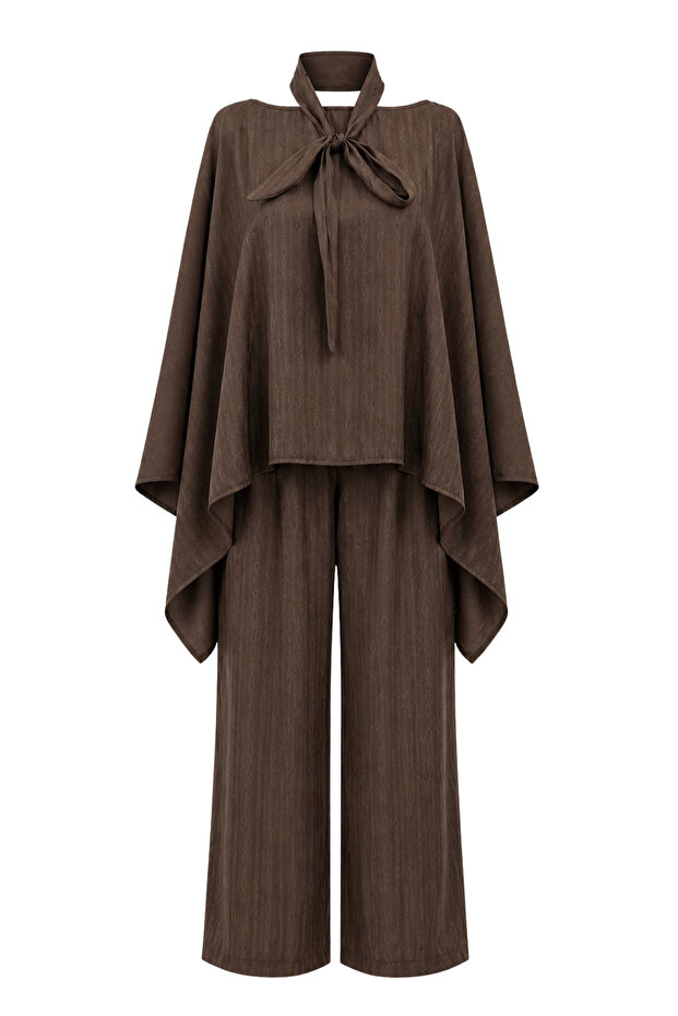 4907 Women's Scarf Collar Draped Blouse Wide Leg Pants Set Brown