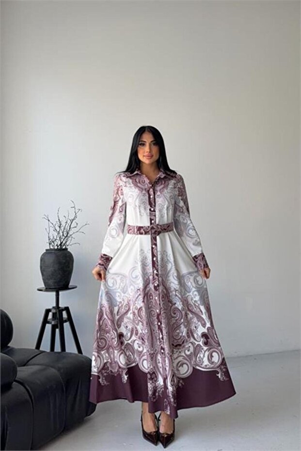 Women's Purple Shirt Collar Belt Detailed Patterned Design Dress Nbms2648