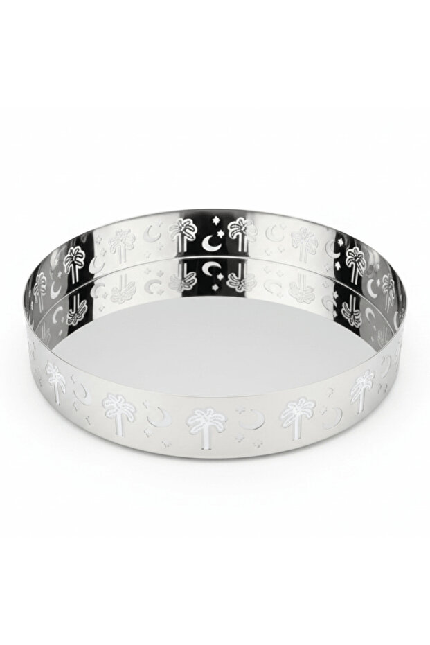 Stylish Round Stainless Steel Serving Tray with Palm Tree Design 35 × 7.5 cm