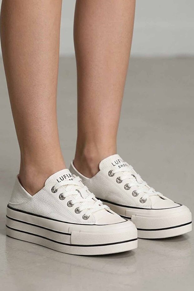 Women's White Khaki Leather - High Platform Sole Sneaker Sports Shoes