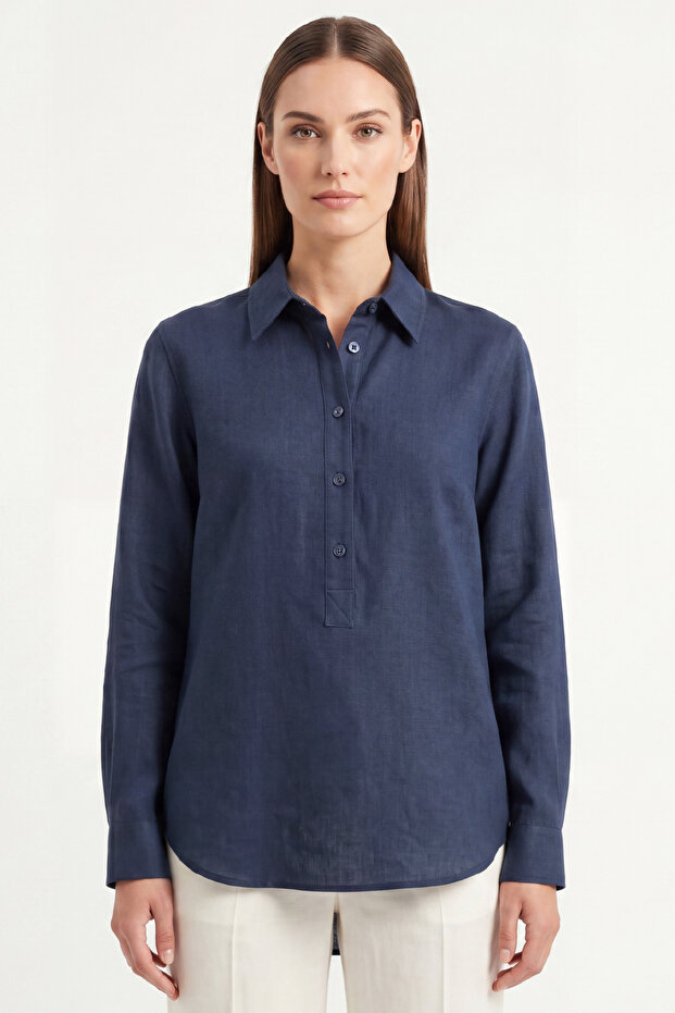 Women's Solo 100% Natural Linen Shirt -- Classic Collar Basic Minimalist Design Navy Blue W208-K0401-03