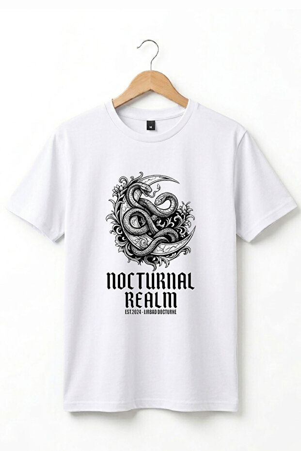 تي شيرت أساسي فاخر مطبوع عليه ثعبان ونصف قمر من نوع Gothic Nocturnal Realm للجنسين