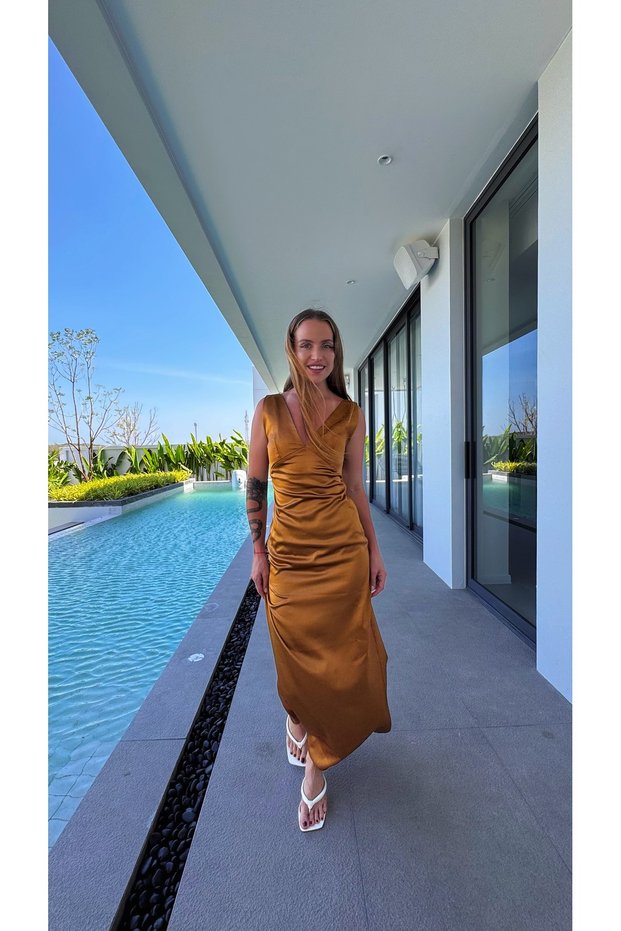 Gold Color Long Elara Satin Dress with Back Detail