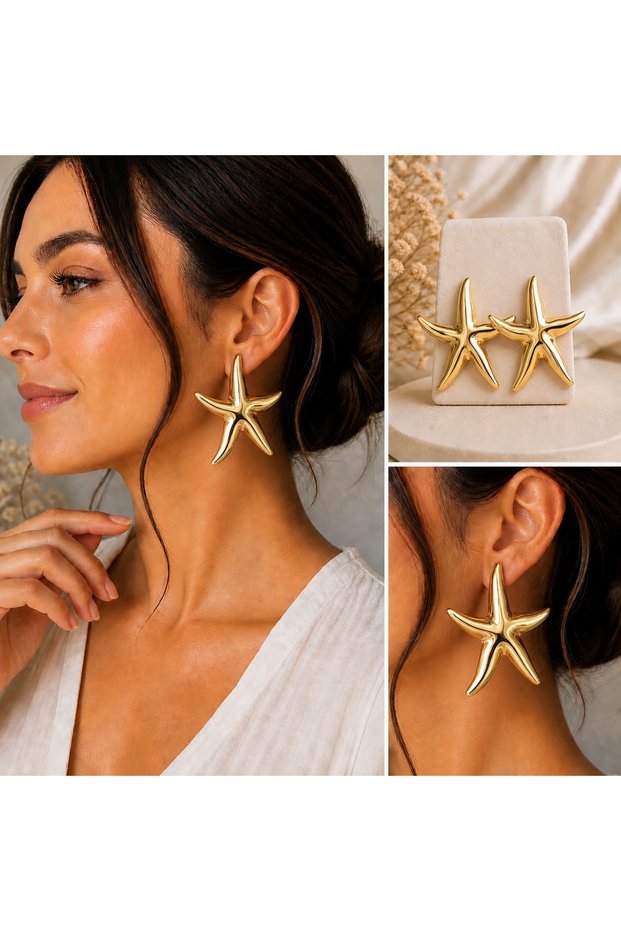 Starfish Earrings Zarax Model Gold Silver Shiny Large Size Women's Summer Sea Themed Dangle Earrings