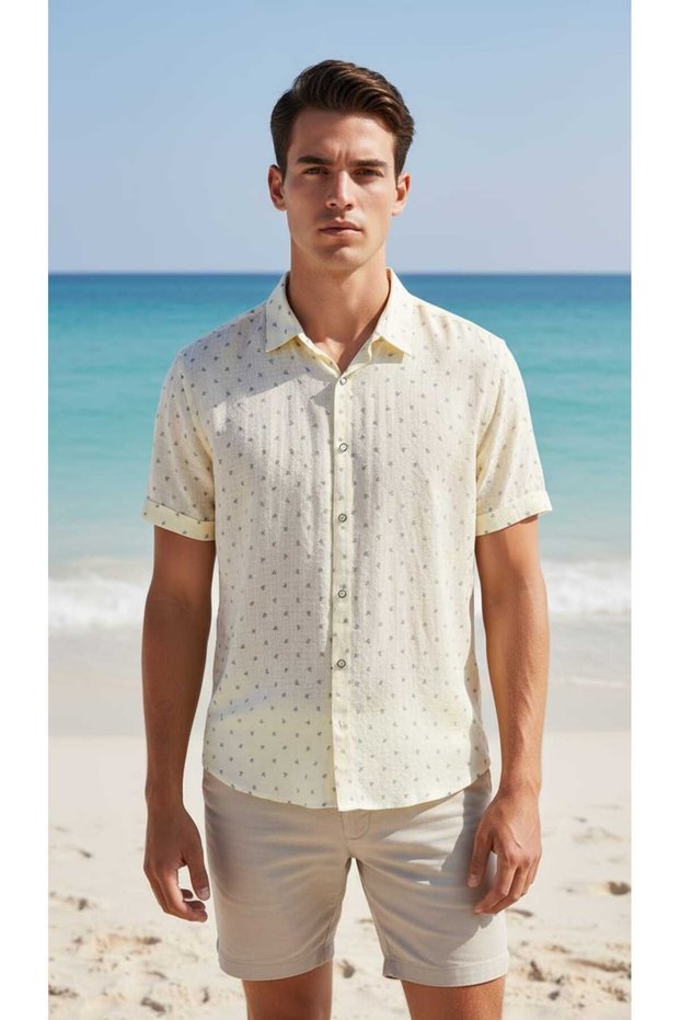 Short Sleeve Buttoned Patterned Men's Shirt Slim Fit