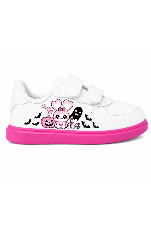 Pink-Eared Rabbit Pumpkin Printed White Pink Band Children's Sports Shoes Sneaker