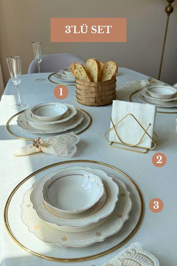 Set of 3 Shiny Gold 6-Piece Supla Triangle Napkin Holder Round Bread Basket Kitchen Set