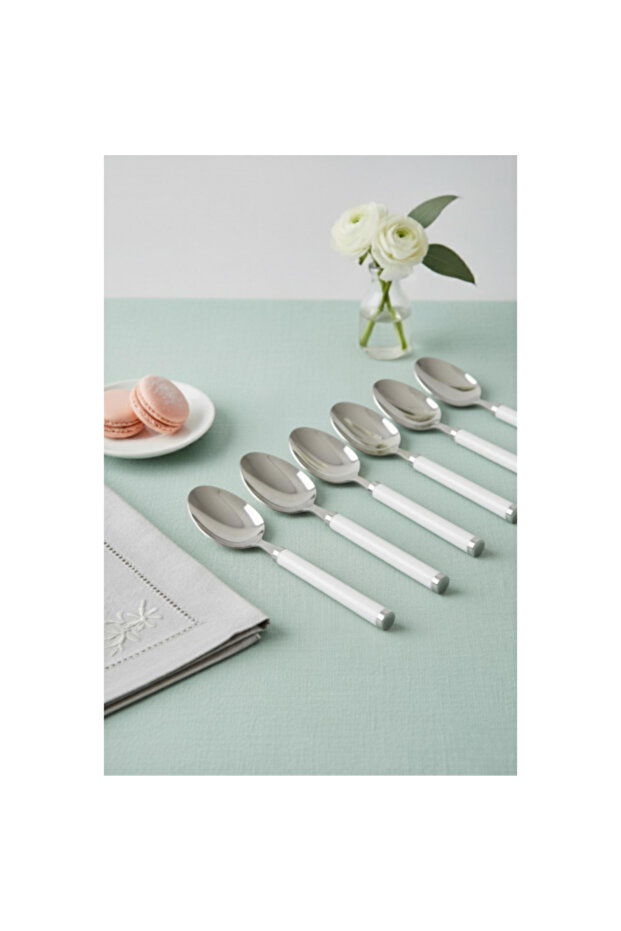 6-Piece Stainless Steel Dessert Spoon Set White Handle 15 cm