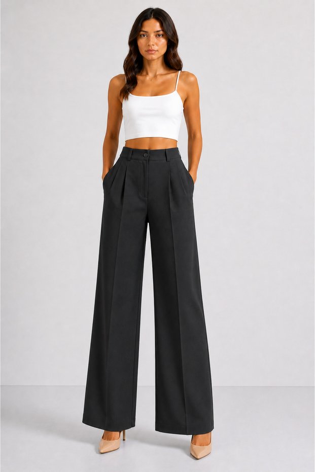 Ar66 Women's High-Waisted Wide-Leg Pants – Pleated, Relaxed Fit, Stylish Casual Fabric Trousers