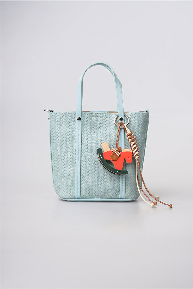 Blue Knitted Patterned Mini Hand & Shoulder Bag with Horse Figure Charm Accessory Detail 22X18X8 cm
