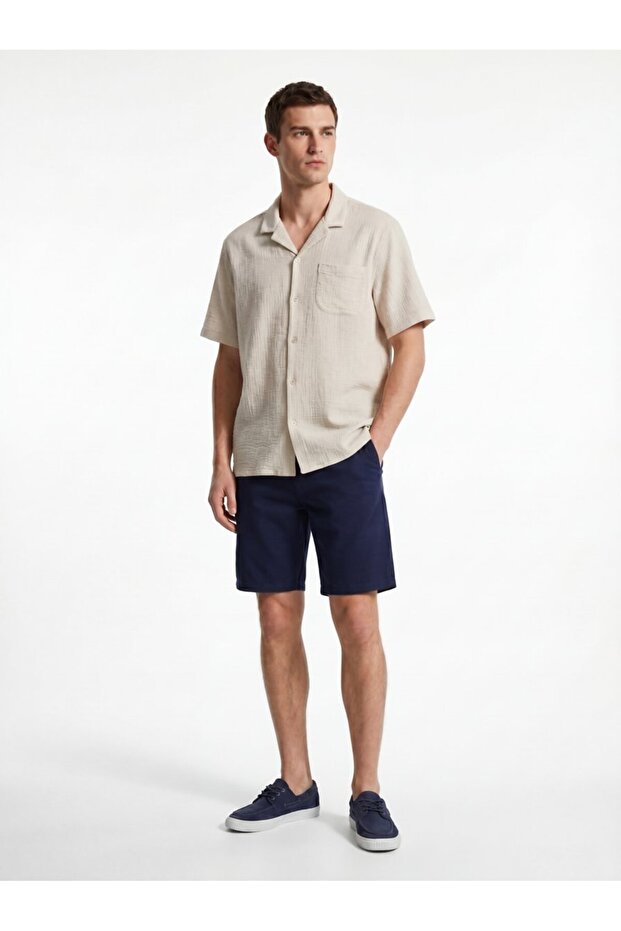 Mid-Waist Linen Look Navy Blue Shorts