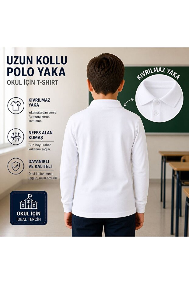 100% Cotton Polo Non-Curling Collar School T-Shirt Breathable Fabric Long Sleeve