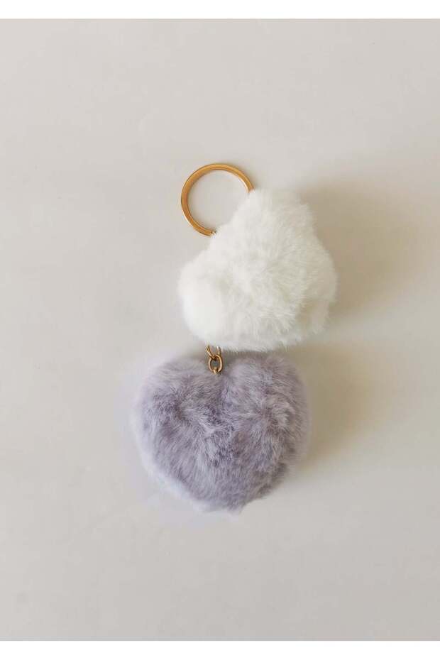 Double plush heart charm keychain lavender white - bag ornament cute soft accessory