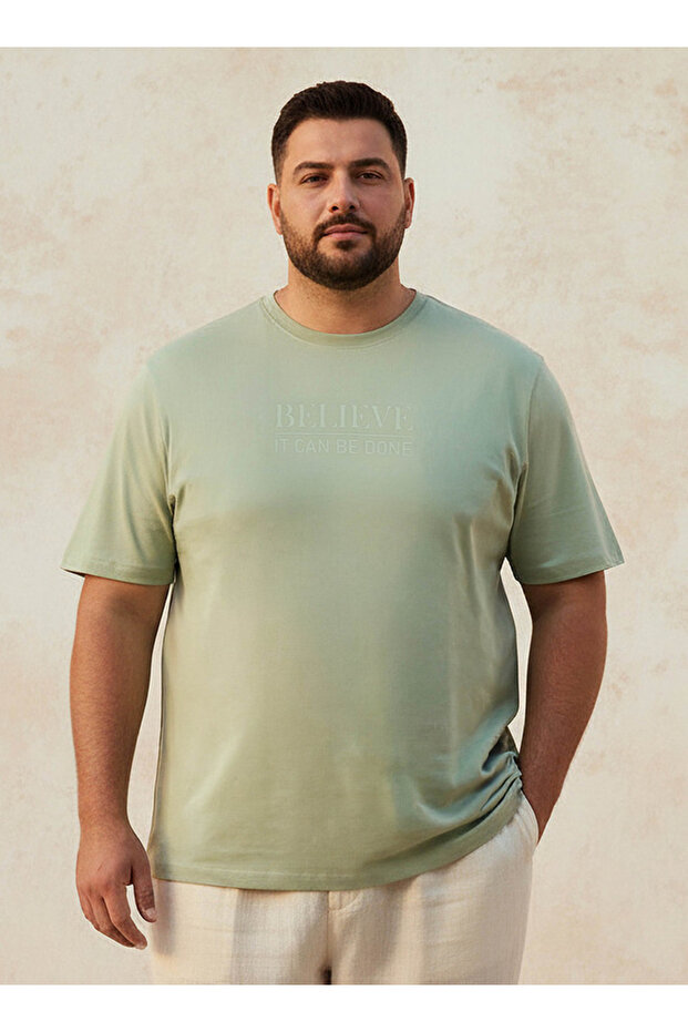 Men Regular Fit Crew Neck Short Sleeves Embossed Slogan Print T-shirt