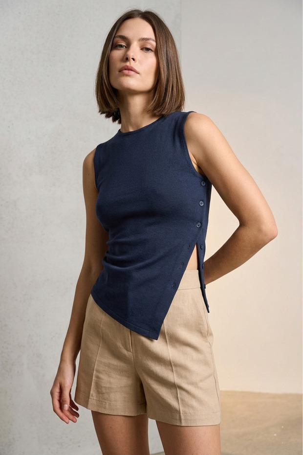 Women's Navy Blue Crew Neck Sleeveless Modal Ribbed Fabric Blouse with Side Button Detail