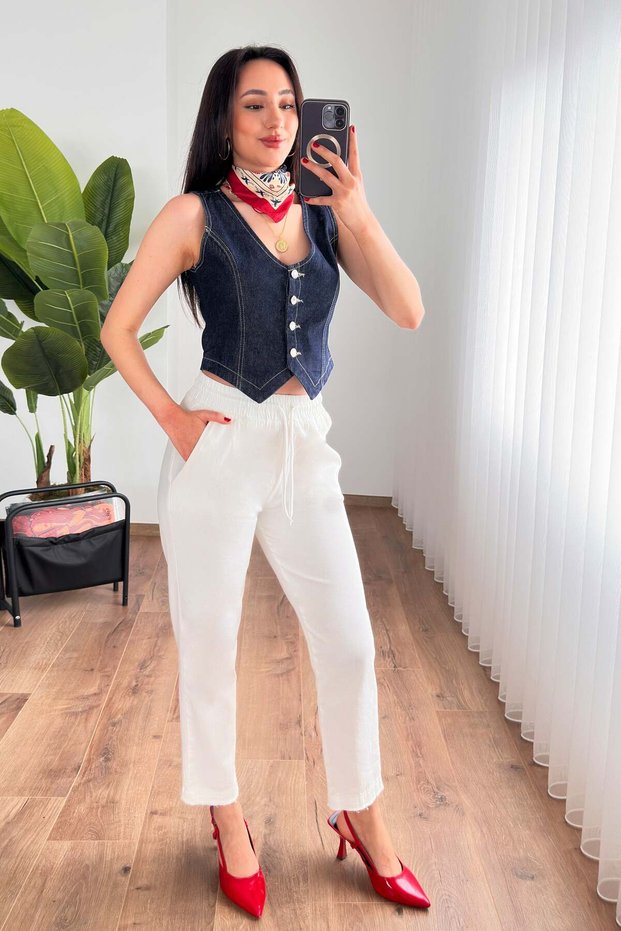 Ecru Trousers with Leg Detail, Pockets, and Waist Tie