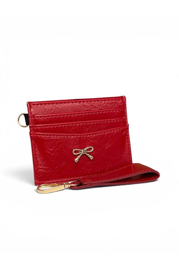 Women's Red Faux Leather Bow Detailed Keychain Card Holder 11X8 cm