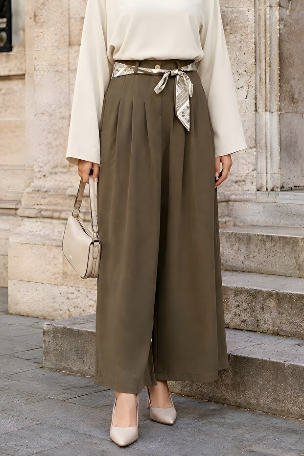 Khaki Pleated Wide-Leg Trousers with Scarf Belt