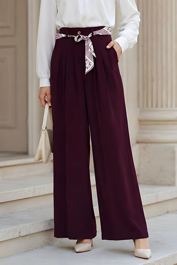 Plum Color Belted Pleated Wide Leg Trousers