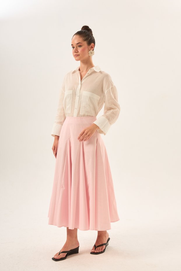 Red and White Striped High Waist Pleated Midi Length A-Line Skirt
