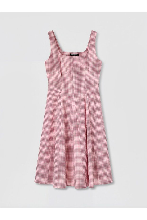 Lcw Comfort Square Neck Plaid Waist-Sitting Dress