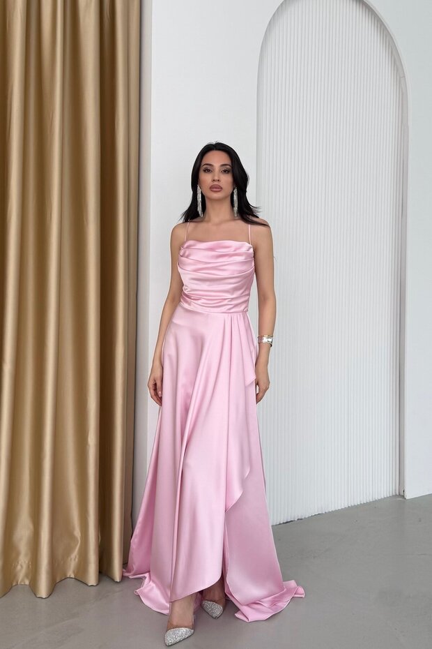 Powder Thin Straps Flounce Slit Satin Evening Dress