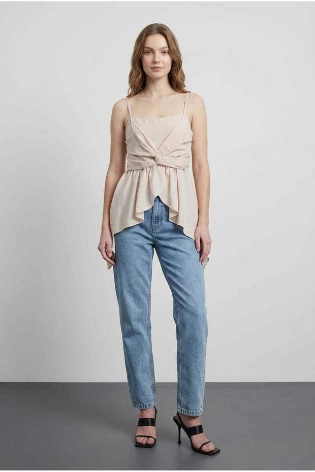 Asymmetrical Strap Blouse Beige