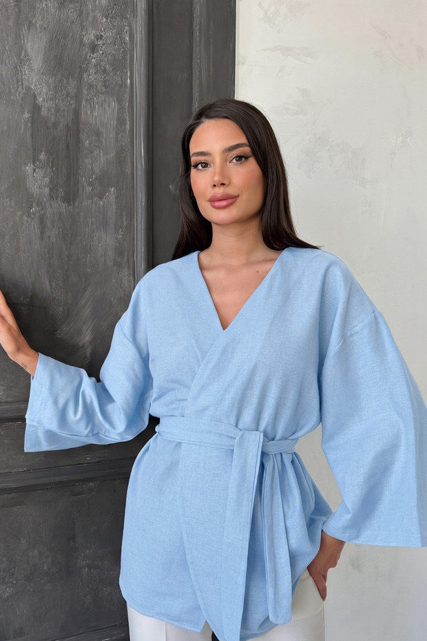 Oversize Linen Kimono with One Button Belt
