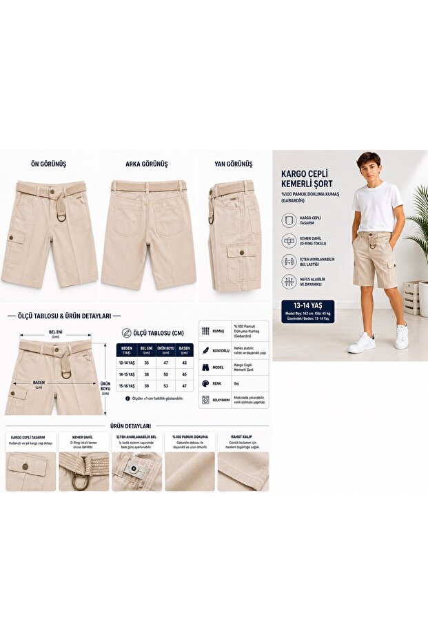 100% Cotton Woven Gabardine Boys' Shorts with Cargo Pockets