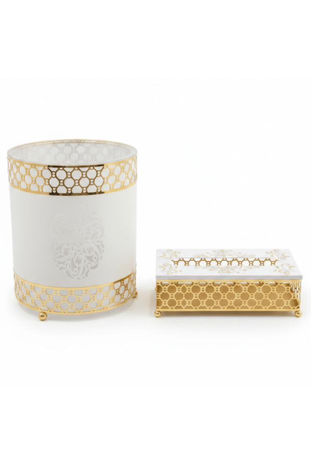 Al Habbai Acrylic Dustbin with White and Gold Metal Base and Tissue Box Set – Luxury Decorative Design – 28 × 21 cm & 26 × 13 cm