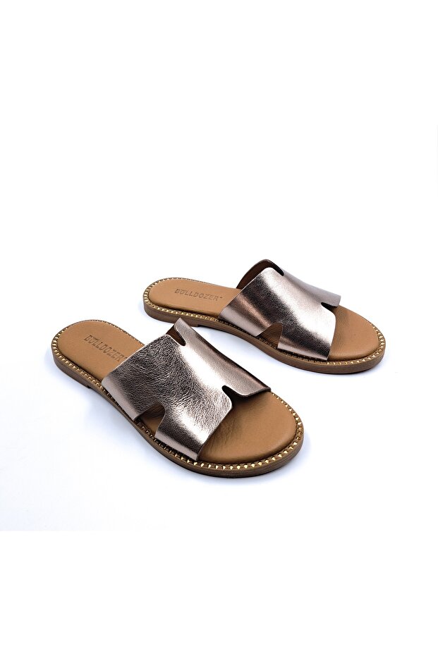 Genuine Leather Soft Sole Flat Heeled Metallic Platinum Color Women's Slippers